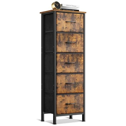 Limited-time offer: Coleshome Comoda Vintage Bedroom Narrow Comfy with 5 Fabric Drawers | Tall Chest of Drawers with Sturdy Steel Frame, Wooden Top, Ideal for Bedroom and Living Room, 40 x 30 x 120 cm from 55.39 £ to 55.39 £ (save 0.00%)