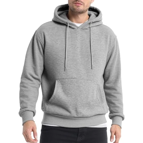 NLAND Felpa con Cappuccio Uomo Basics Inverno Caldo Hoodie con Manica Lunga in Pile Classic Pullover con Cappuccio,Grigio Chiaro L