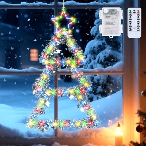 Qoosea Weihnachtsbaum Fenster Lichter Batteriebetrieben 110 LED Faltbare Weihnachtsfensterbeleuchtung Dekoration 8 Modi Timer Fernbedienung IP65 Wasserdicht für Wand Xmas Baum Innenbereich