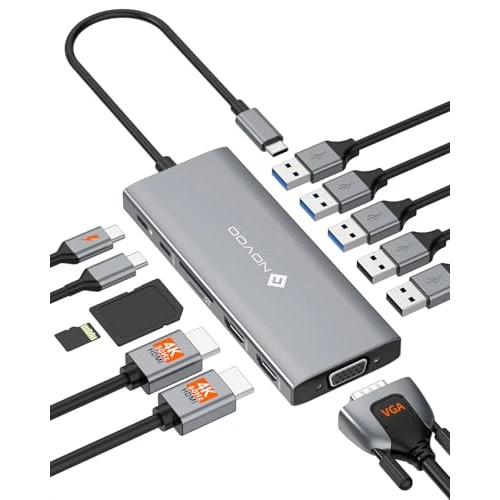 Oferta limitada: NOVOO Estación de Acoplamiento 12 en 1 con Triple Pantalla, Doble HDMI 4K @ 60Hz, VGA, 5 Puertos Type-A, PD 100 W, Puerto de Datos Type-C, Lector SD/TF, multipuerto Hub para MacBook M3/DELL/HP de 35.99 EUR a 35.99 EUR (ahorro 0%)