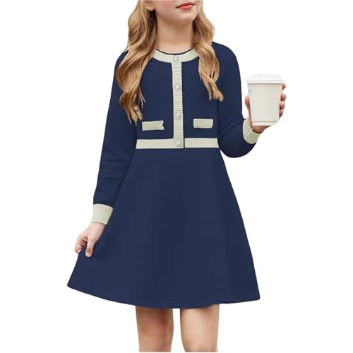 Arshiner Girls' Dresses Winter Kids Warm Knitted Dress A-Line Party Festive Elegant Long Sleeve Dresses for Girls 9-10 Years Navy Blue