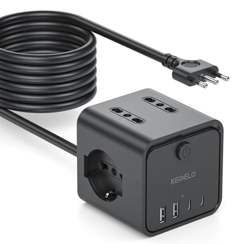Ciabatta Elettrica Multipresa con 4 Prese Universali 10/16A ITA e Schuko, 5 M Prolunga Elettrica con 2 USB A+2 USB C,Presa Multipla Spina Piatta Salvaspazio con Interruttori per Casa, Ufficio Nero