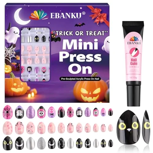 72 stuks Halloween Press-on nagels, volledige dekking, schattige kunstnagels met schedel ontwerpen, donkerglanzende stick-on nagels voor meisjes kinderen met nagellijm