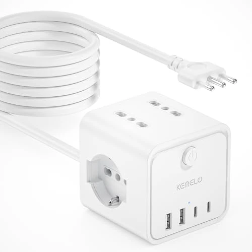 Stekkerdoos met 4 universele stopcontacten 10/16 A ITA en Schuko, 5 m verlengkabel met 2 USB A + 2 USB C, meervoudige stopcontacten, ruimtebesparend, met schakelaars voor thuis, kantoor, zwart