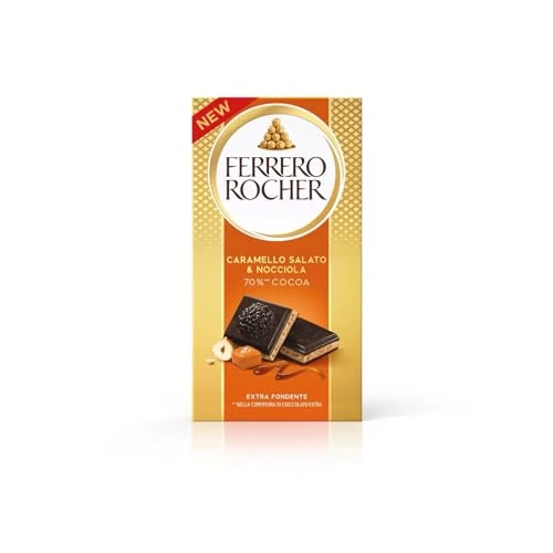Offerta a tempo: Ferrero Rocher, Tavoletta di Cioccolato Fondente 70% con Ripieno di Caramello Salato e Croccante Granella di Nocciole — 21% da 2,39 € a 1,89 €