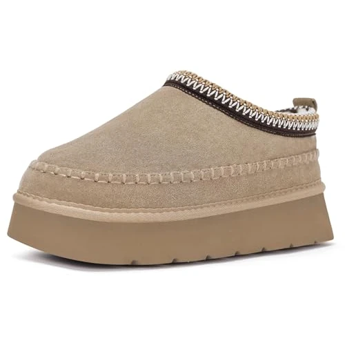 Dokela Damen Wildleder Hausschuhe Gefüttert Pantoffeln Echtes Leder Plattform Winter Warm Filzfutter Dicke Sohle Wasserdicht rutschfeste Slippers,Khaki,44 EU