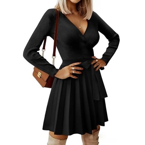 heekpek Sukienka swetrowa dla kobiet UK dekolt w serek jesienne sukienki z długim rękawem ciepłe sukienki tunika linia dzianinowa elegancki sweter sukienka zimowa, Czarny, L