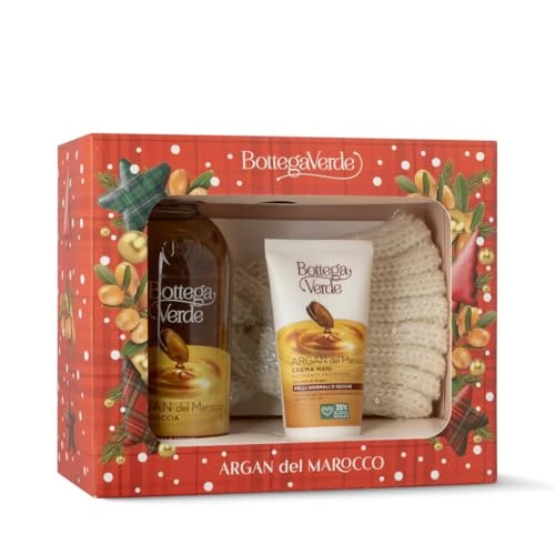 Bottega Verde - Geschenkbox Argan, mit Duschgel 400 ml, Handcreme 75 ml und Strickband, Glam und pflegend, Wintergeschenk