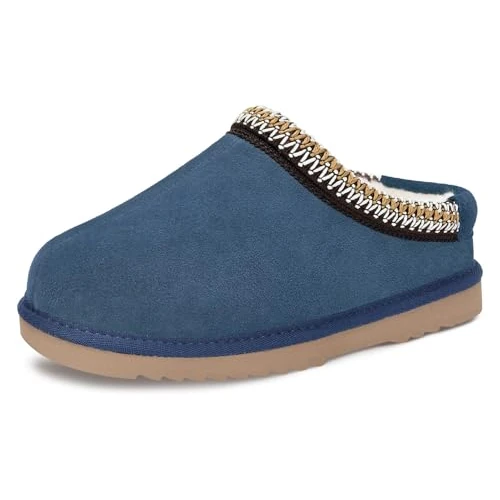 Dokela Kinderpantoffels van suède voor de winter, warme vilten voering, slippers voor jongens en meisjes, echt leer, waterdicht, antislip, comfortabele schoenen, maat 28-39, Donkerblauw, 37 EU