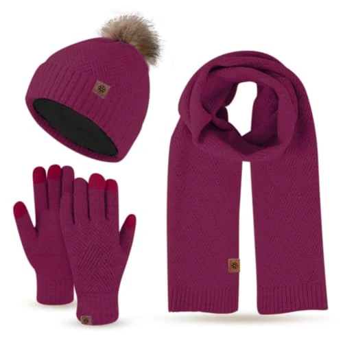 MAGIMODAC Ensemble bonnet, écharpe et gants d'hiver doublés en polaire pour femme - Bonnet thermique long tricoté - Gants pour écran tactile, rouge vin, taille unique