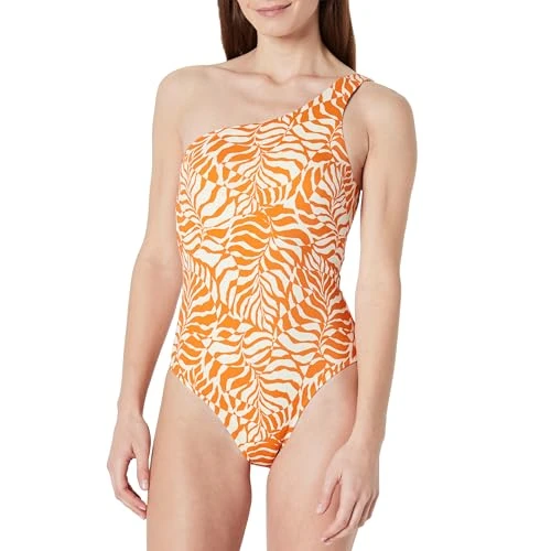 Zeitlich begrenztes Angebot: Amazon Essentials Damen Einteiliger One-Shoulder-Badeanzug, Rostiges Orange Abstrakte Palmen, 46 von 13.23 € auf 13.23 € (0.00% Rabatt)