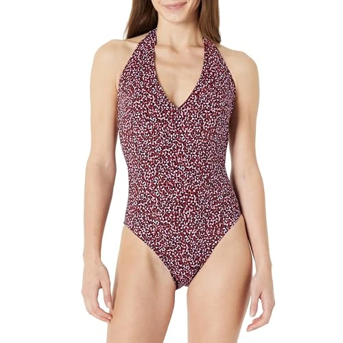 Limited-time offer: Amazon Essentials Women's Halter One Piece Swimsuit, Brick Red Lilac Leopard, 14 from 15.70 £ to 10.56 £ (save 33%)