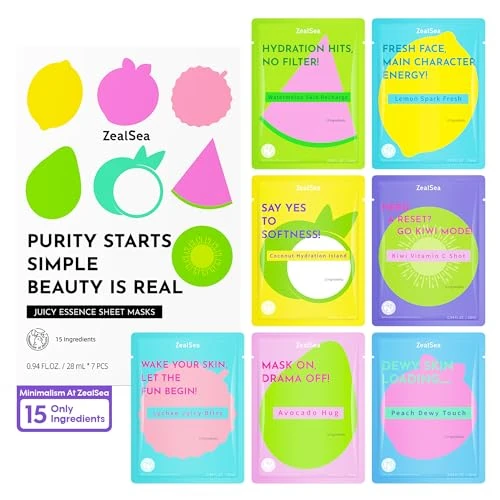 ZealSea Belleza Limpia Mascarilla Facial Skincare, Minimalismo 15 Ingredientes Face Mask, Diseño de color dopamina Mascarillas Faciales, Niñas Kit para Spa Fiesta, Set Regalo Mujer Belleza, 7 Piezas