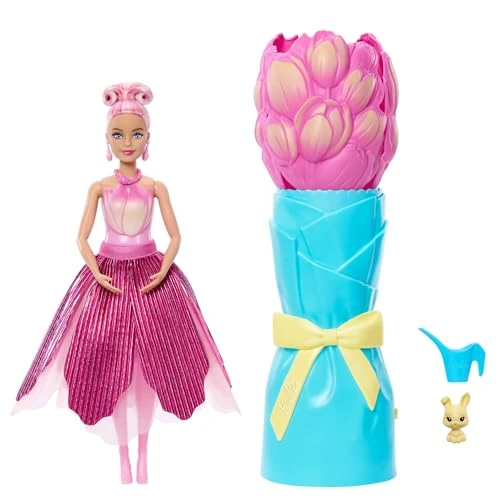 Offerta a tempo: Barbie Petal Pop, bambola profumata con abito tulipano rosa e accessori, sorpresa bouquet con coniglietto e accessori come annaffiatoio, collana e orecchini, JMF57 - 34% da 29.99 € a 19.88 €