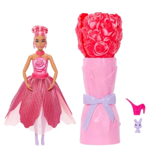 Barbie Poupée PÉTALS Pop Rose et Accessoires, poupée parfumée avec Robe Fleur Violette et Accessoires, Bouquet Surprise avec Lapin et d’Autres éléments comme Un arrosoir, JMF59