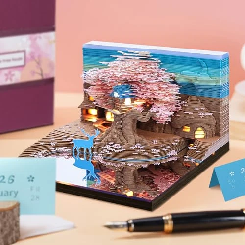 Auniq 3D Desk Calendar 2026 Memo Pad with Light, 2026 Time Piece Calendar 3D Tree House Life Calendar Notepad DIY Paper Carving Art Craft Gift for Christmas New Year Office/School Desktop Decoration
