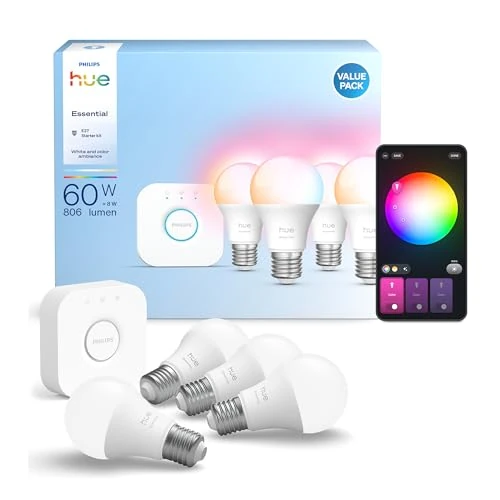Offerta a tempo: Philips Hue Essential Starter Kit: Bridge+4 lampadine Essential E27, White and Color Ambiance, 2200-6500K, intensità regolabile, funziona con Alexa, Google Assistant, Samsung SmartThings, Apple Home - 17% da 96.03 € a 79.98 €