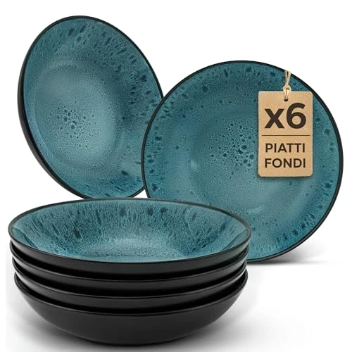 Twinzee Geschirrset 6-teilig aus Steinzeug - Teller Set 6 Tiefe Teller Azur für 6 Personen - Mikrowellen - Riviera Kollektion