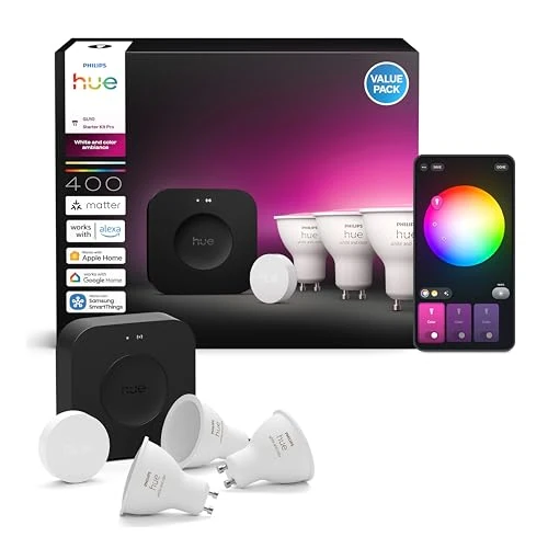 Oferta ograniczona: Philips Hue Zestaw startowy: Bridge Pro + 3 inteligentne reflektory GU10 + inteligentny przycisk, biała i kolorowa atmosfera, Smart Light Hub, współpracuje z Apple Home, Amazon Alexa, Google Assistant z 870.14 EUR na 870.14 EUR (znizka 0%)