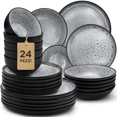 Offerta a tempo: Twinzee Servizio Piatti Moderni 24 Pezzi in Gres per 6 Persone - Compatibile con Microonde - Servizio Piatti 6 persone Riviera Collection - 31% da 159.99 € a 109.99 €