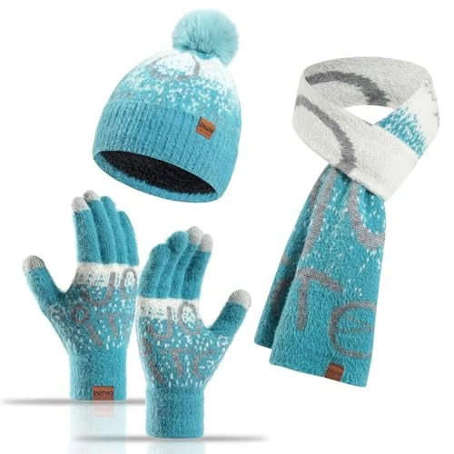 MAZELIKEHOOD Juego de 3 piezas de gorro, bufanda y guantes para mujer, gorro de punto cálido para invierno, bufanda y calentador de cuello, 3 en 1, para clima frío, azul, talla única