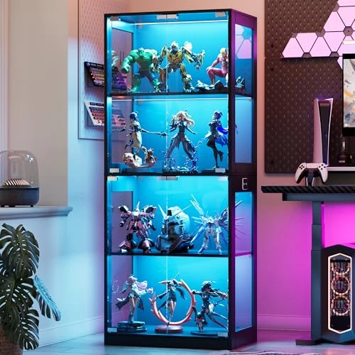 Limited offer: MSFE Glass Display Cabinet with LED, Display Cabinet with Intelligent Sensors, 4 Layers Glass Display Case, Dustproof, Collector's Display Case, Black, for Living Room, Bedroom, Office, Each Layer from 199.99 EUR to 199.99 EUR (save 0%)