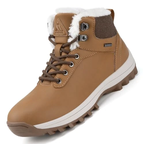 Mishansha Bottines Fourrées Femme Hiver Chaudes Antidérapantes à Lacets Bottes Plates en Peluche pour Extérieur Marron Clair EU 38