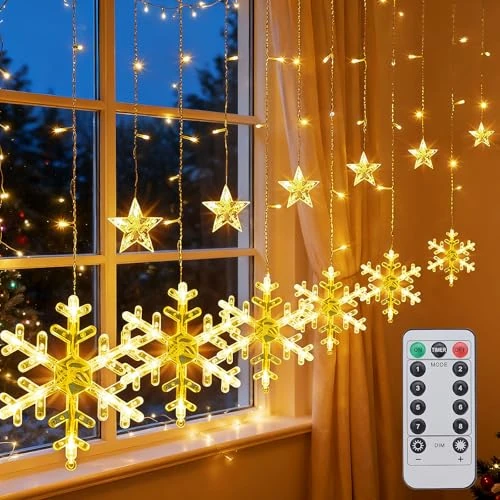 Offerta a tempo: Qoosea Tenda Luminosa Natale Interno, 4.2M 126LED Tenda Luci a Fiocco di Neve Stelle 8 Modalità, Impermeabile Catena Luminosa Fatate, Decorazione per Finestre, Camera da Letto, Natale, Bianco Caldo - 45% da 12.81 € a 7.00 €