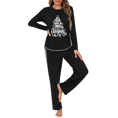 Terecey Women's Winter Cotton Pyjamas Long Printed Lightweight Pyjamas Long Sleeve Pyjamas and Trousers with Pockets Pajamas Two Pieces Soft and Comfortable, Christmas-Black, M