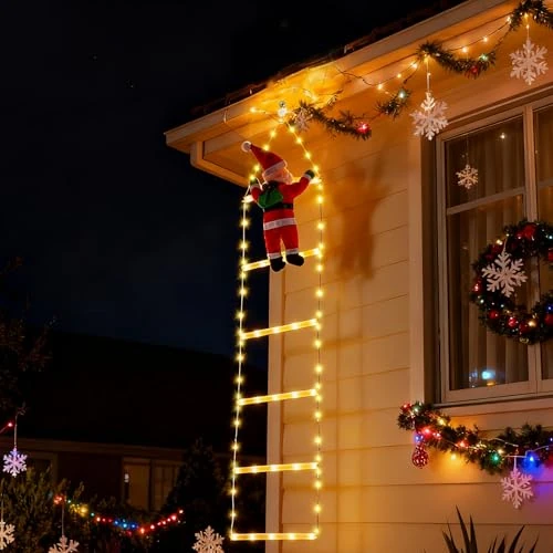 Qoosea Christmas Ladder Lights with Santa Claus, 1.2M Christmas Window Lights with USB and Remote Control, 8 Modes Folding Ladder String Light Xmas Decorations for Garden Door Wall(Warm White)