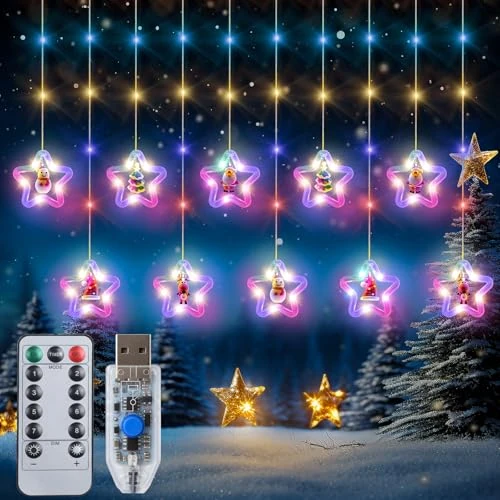 Offerta a tempo: Qoosea Tenda Luminosa Natale Esterno, 100 LED Tenda Luci Stelle USB, 8 Modalità Finestre Luci Decorative Impermeabile Interno Decorazione Natalizia per Giardino, Matrimoni, Porta, Colore - 33% da 17.99 € a 12.09 €