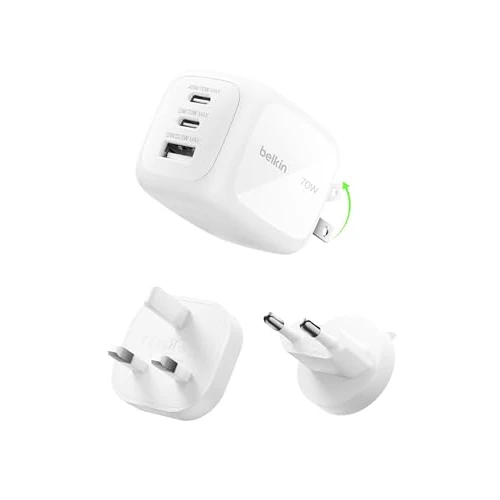 Limited offer: Belkin 3-Port USB-C Plug 70W, Multi-Port GaN Wall Charger with 2x USB-C & 1x USB A Ports, UK and US Plug Tips, Fast Charging for MacBook, iPhone 16, iPad, Samsung Galaxy S25, Google Pixel, etc - White from 40.00 EUR to 36.00 EUR (save 10%)