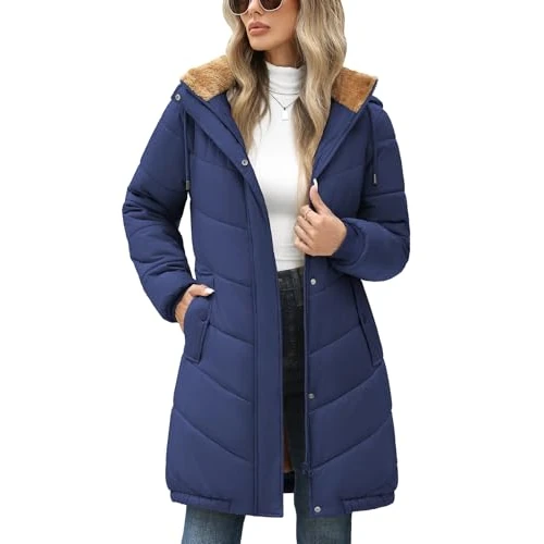 Oferta ograniczona: Yuson Girl Damska kurtka zimowa z podszewką pikowana kurtka z kapturem lekka ciepła kurtka polarowa średnia szerokość wiatroszczelna kurtka parka z kieszeniami, granatowy, L z 153.17 PLN na 153.17 PLN (zniżka 0%)