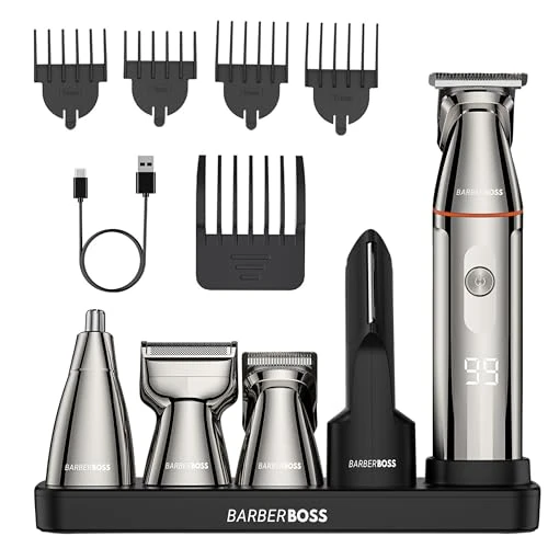 Offerta a tempo: BarberBoss Rasoio per barba 5 in 1, da uomo, kit per la toelettatura degli uomini, tagliacapelli senza fili, rasoio per naso e corpo con display a LED e ricarica USB-C, body groomer - 0.00% da 15.10 € a 15.10 €
