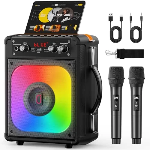 Macchina per karaoke, sistema per karaoke con 2 microfoni, set per karaoke portatile con 2 microfoni wireless, altoparlante Bluetooth per adulti/bambini con effetti luce LED