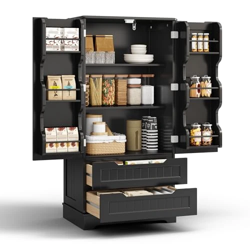 Blishom Aparador de Cocina, aparador con 2 Puertas Dobles y 2 cajones, con estantes Ajustables, para salón Comedor, 120x40x60 cm (Negro)