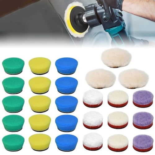 Zuxbolf 27 Pièces Éponge de Polissage, Tampon de Polissage en Laine d'agneau 3.3cm Pad Polissage Voiture Auto Agrippant Tampons de Polissage en Eponge 4cm pour Le Lustrage et Le Cirage Automobile
