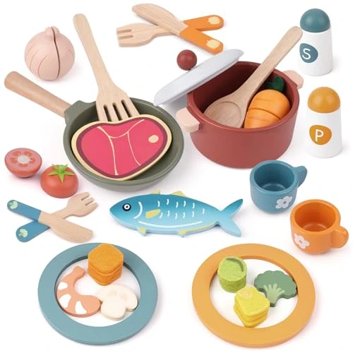 Limited-time offer: Wooden Play Kitchen Accessories, Pretend Play Food for Kids with Dishes from $19.99 to $14.22 (save 29%)