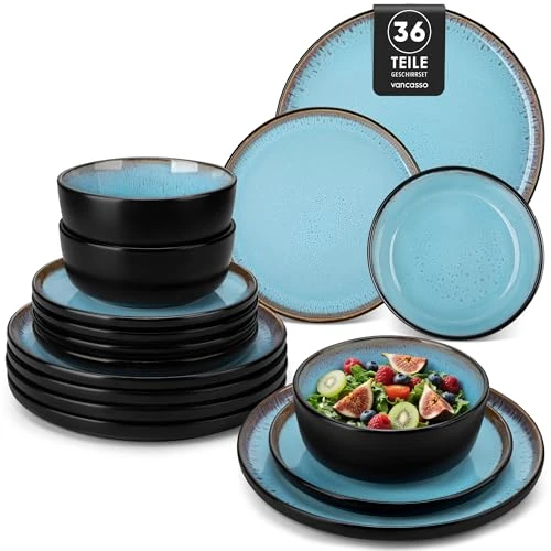 vancasso Serie AMBER Vajillas Completas 12 Personas, Vajilla 36 Piezas de Gres - 12 Platos Llanos, 12 Platos de Postre y 12 Cuencos de Cereales - Apto para Microondas, Esmalte Reactivo Azul