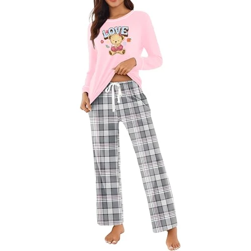 Ekouaer Pijama Mujer Invierno Manga Larga Talla Grande, Oso Teddy Rosa, L
