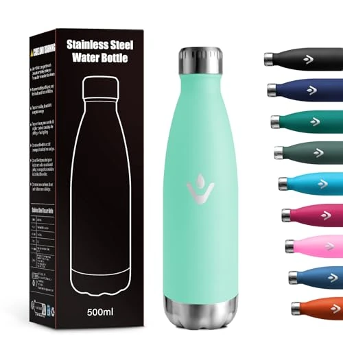 Drinkfles van roestvrij staal, 500 ml, BPA-vrij, lekvrij, dubbelwandig, ideaal voor kinderen, school, kantoor, sport, wandelen, reizen, kamperen