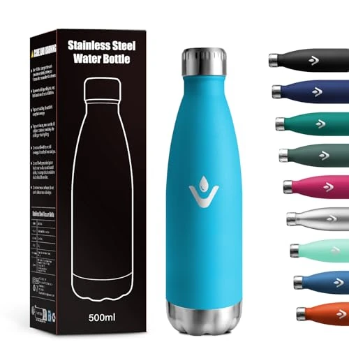 Butelka termiczna 500 ml, butelka wielokrotnego użytku, butelka ze stali nierdzewnej bez BPA, idealna butelka termiczna z podwójną ścianką odporna na wycieki dla dzieci, dorosłych, szkoły, biura