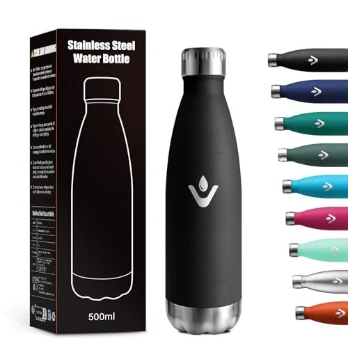 Bottiglia Termica 500ml, Borraccia Senza BPA, Bottiglia Termica Riutilizzabile, Doppia Parete Isolante, Antigoccia, Bottiglia Acciaio Inox per Bambini, Adulti, Scuola, Ufficio, Campeggio, Outdoor