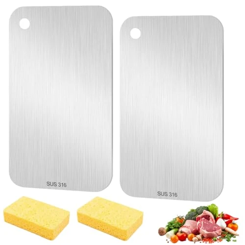 Offerta a tempo: 2 Pezzi Tagliere Acciaio Inox con 2 Spugna Pulizia 14.5 Cm X 23.5 Cmtagliere Da Cucina In Titanio, Bifacciale Tagliere In Acciaio Inox Alimentare, Ntibatterico E Antifungino per Tagliare Carne,Verdura - 42% da 11.99 € a 6.99 €