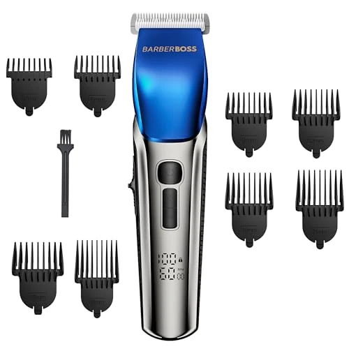 Offerta a tempo: Barberboss Regolabarba da uomo, tagliacapelli a 4 velocità, lama in ceramica, 8 pettini e display a LED, ricarica USB e design impermeabile, kit professionale per il taglio dei capelli (Argento, Blu) - 0.00% da 46.99 € a 46.99 €