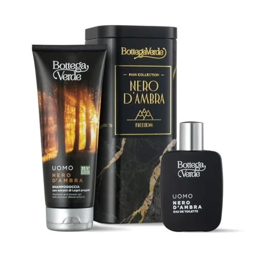 Bottega Verde - Bursztynowa czarna męska szkatułka na prezent z szamponem 200 ml, woda toaletowa 50 ml i bursztynowa czarna puszka, zmysłowy i odświeżający zapach, pomysł na prezent