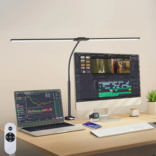 Limited-time offer: OUTON 33.5" LED Desk Lamp with USB-A & USB-C Ports, Touch & Remote Control, Double Head, 5 Color Temperatures, Stepless Dimming, Timer & Memory, Gooseneck Clamp Light for Home Office – Modern Black from 19.99 £ to 16.99 £ (save 15%)
