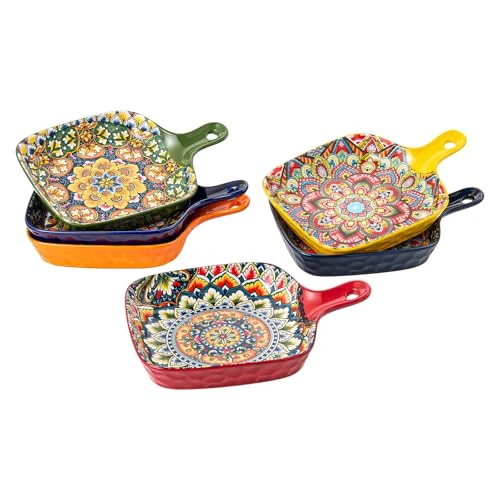 Henten Home Ceramic Square Bowls, Colorful Bowls for Snacks, Dessert, Side Dishes, Pasta - 9 Inches Appetizer Plates Set of 6, Microwave & Dishwasher Safe