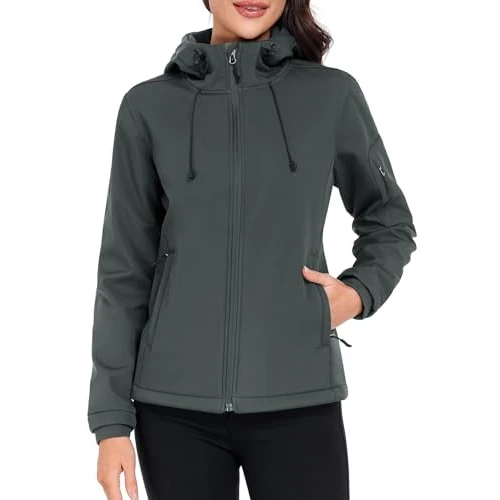 Vancavoo Winter Jackets for Women Softshell Jacket with Hood Fleece Lined Ladies Coats Windbreaker Waterproof Hiking Breathable Outerwear for Outdoor Cycling Spring Fall,Grey,L