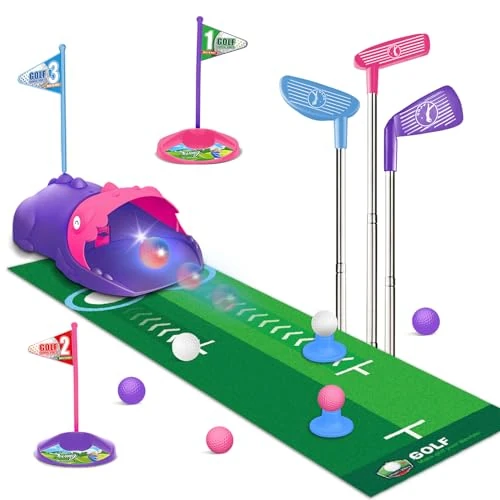 TERRAMUS Set da Golf Giocattolo per Bambini Dinosauro Automatico, Palline da Golf notturne Illuminate a LED, 3 Mazze, Tappetino da Putting,3-8 minigolf,Giocattoli Sportivi da Interno ed Esterno (Rosa)